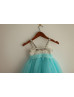 Ivory Satin Turquoise Tulle Beaded Tutu Flower Girl Dress